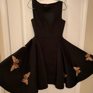 Full Flared Dress with Butterfly Pattern Black S